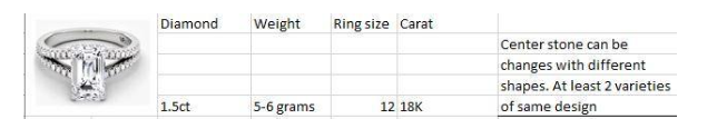 Reference photo and specification table for the original emerald-cut ring